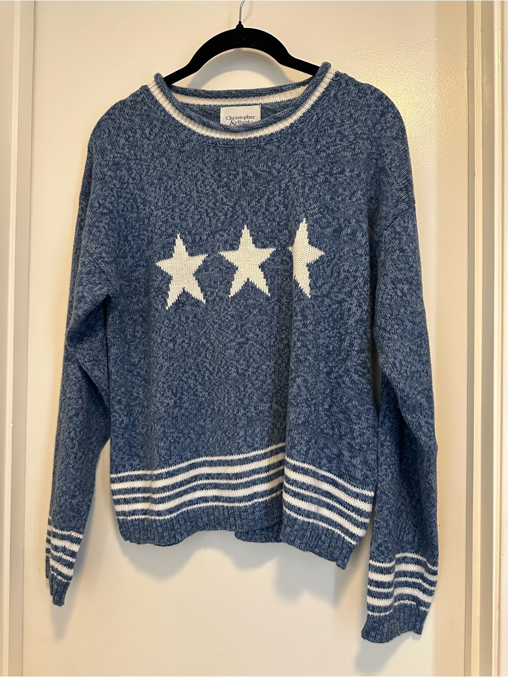2000’s Christopher & Banks Navy Blue Star Crewneck Sweater with White Accents